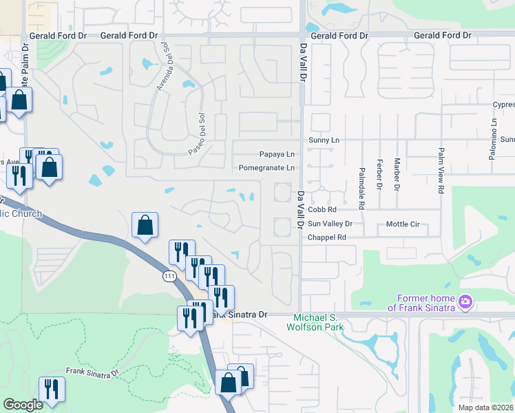 map of restaurants, bars, coffee shops, grocery stores, and more near 385 Avenue Andorra in Cathedral City