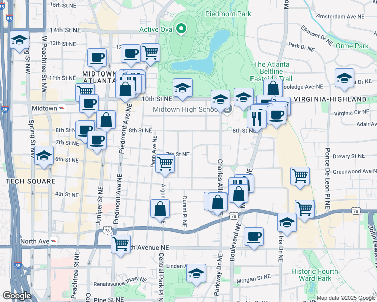 map of restaurants, bars, coffee shops, grocery stores, and more near 360 7th Street Northeast in Atlanta