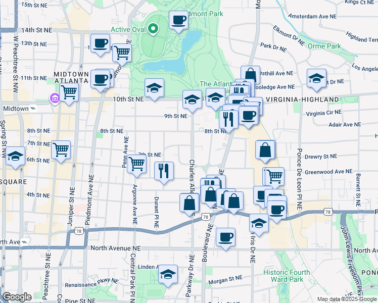 map of restaurants, bars, coffee shops, grocery stores, and more near 421 7th Street Northeast in Atlanta