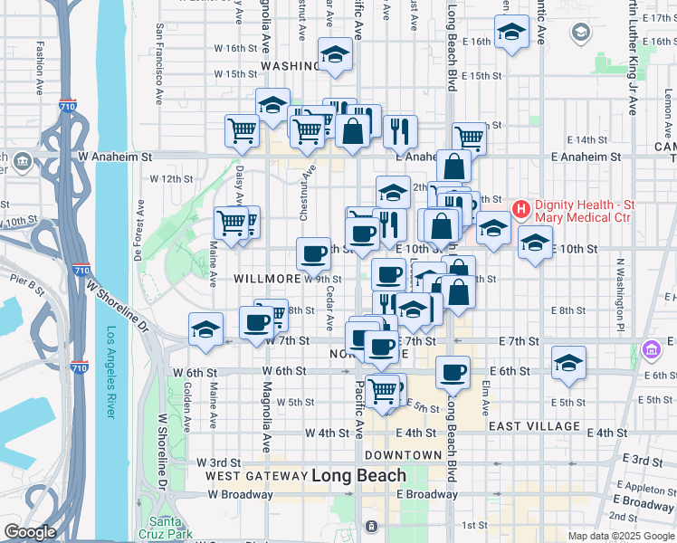 map of restaurants, bars, coffee shops, grocery stores, and more near 939 Pacific Avenue in Long Beach