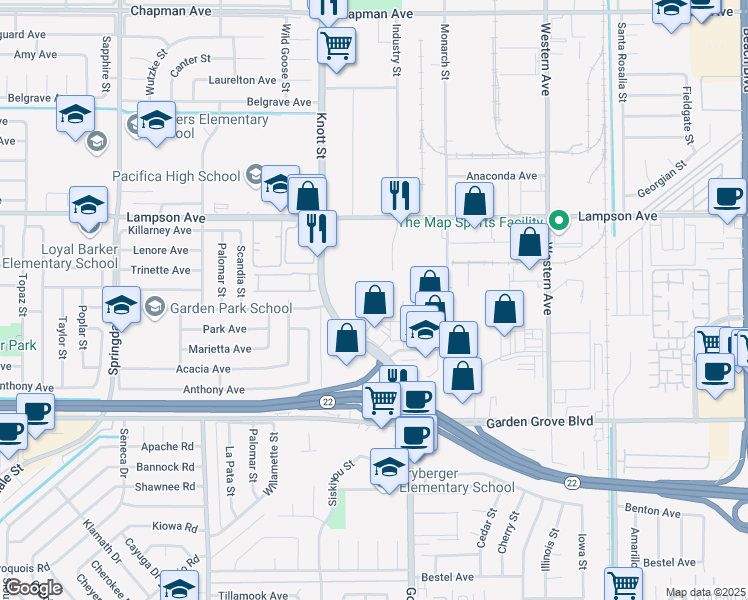 map of restaurants, bars, coffee shops, grocery stores, and more near 12691 Pala Drive in Garden Grove