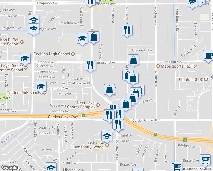 map of restaurants, bars, coffee shops, grocery stores, and more near 12691 Pala Drive in Garden Grove