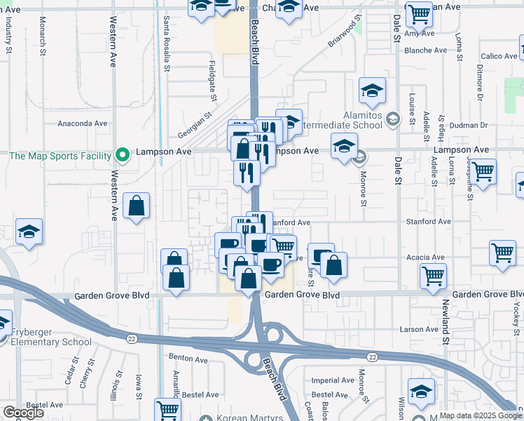 map of restaurants, bars, coffee shops, grocery stores, and more near 12640 Beach Boulevard in Stanton