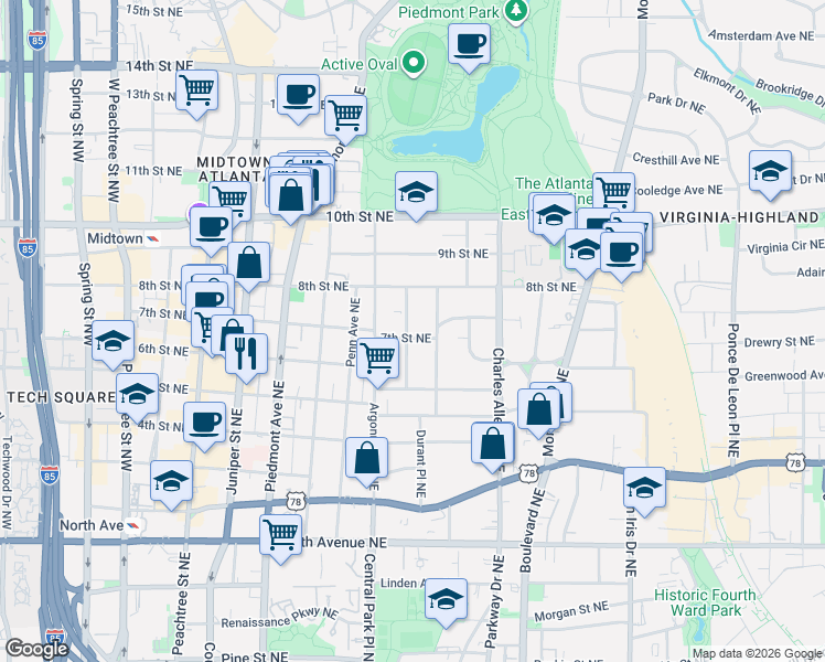 map of restaurants, bars, coffee shops, grocery stores, and more near 345 7th St NE in Atlanta