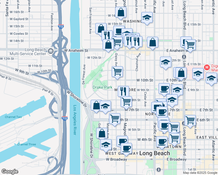 map of restaurants, bars, coffee shops, grocery stores, and more near 910 Maine Avenue in Long Beach