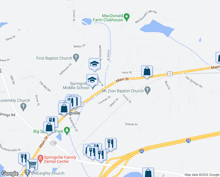 map of restaurants, bars, coffee shops, grocery stores, and more near 6824 U.S. 11 in Springville