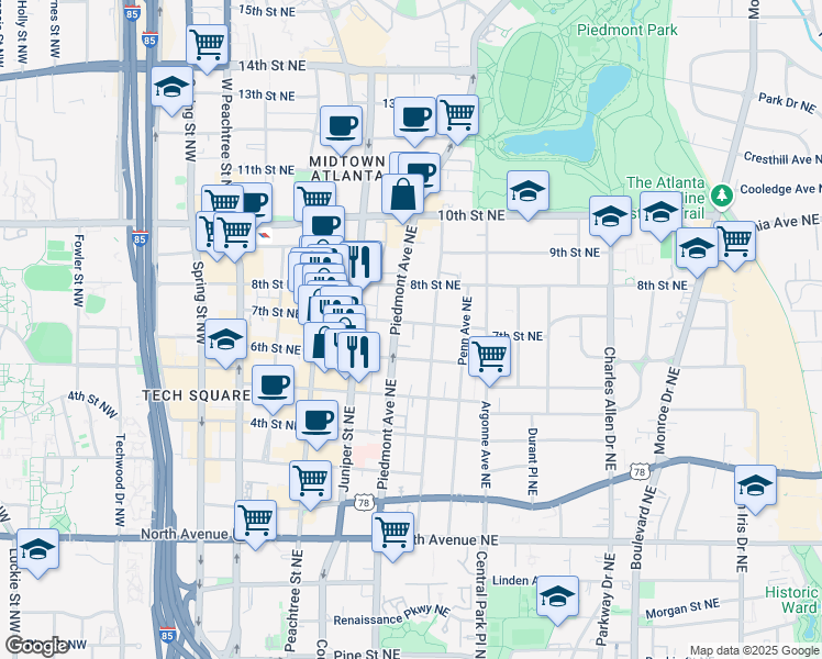 map of restaurants, bars, coffee shops, grocery stores, and more near 855 Piedmont Avenue Northeast in Atlanta