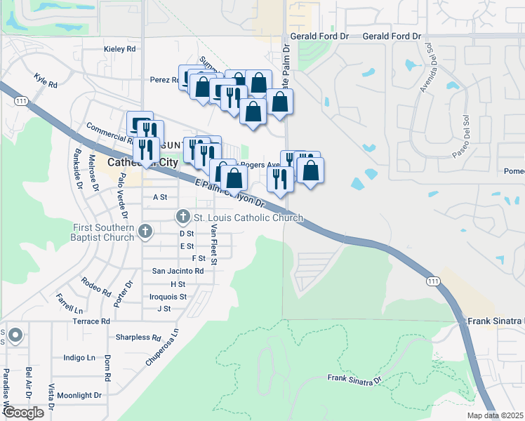 map of restaurants, bars, coffee shops, grocery stores, and more near 69020 East Palm Canyon Drive in Cathedral City
