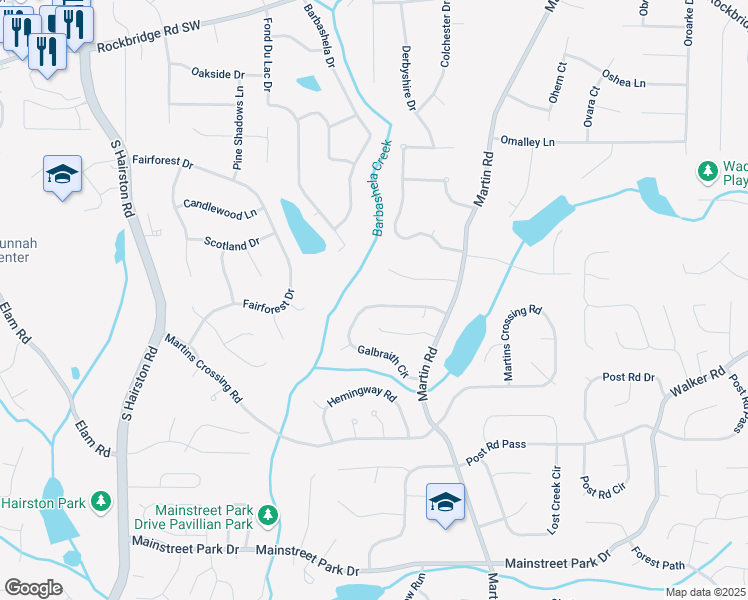 map of restaurants, bars, coffee shops, grocery stores, and more near 5108 Galbraith Circle in Stone Mountain