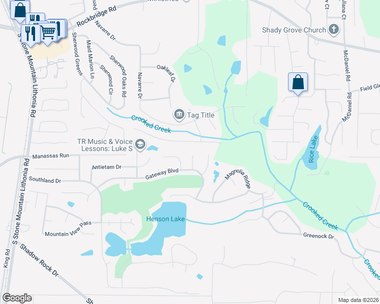 map of restaurants, bars, coffee shops, grocery stores, and more near 5901 Simone Drive in Stone Mountain
