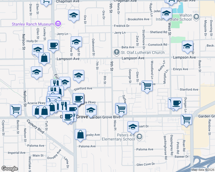 map of restaurants, bars, coffee shops, grocery stores, and more near 11441 Stanford Avenue in Garden Grove