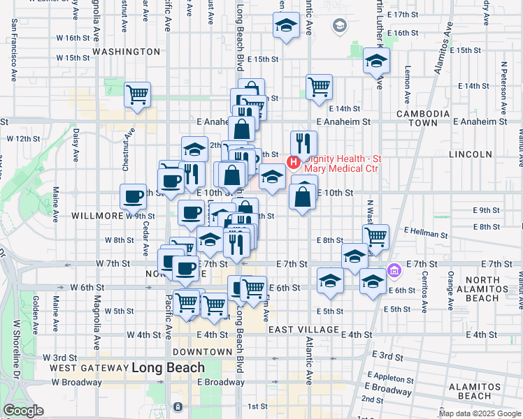 map of restaurants, bars, coffee shops, grocery stores, and more near 915 Elm Avenue in Long Beach