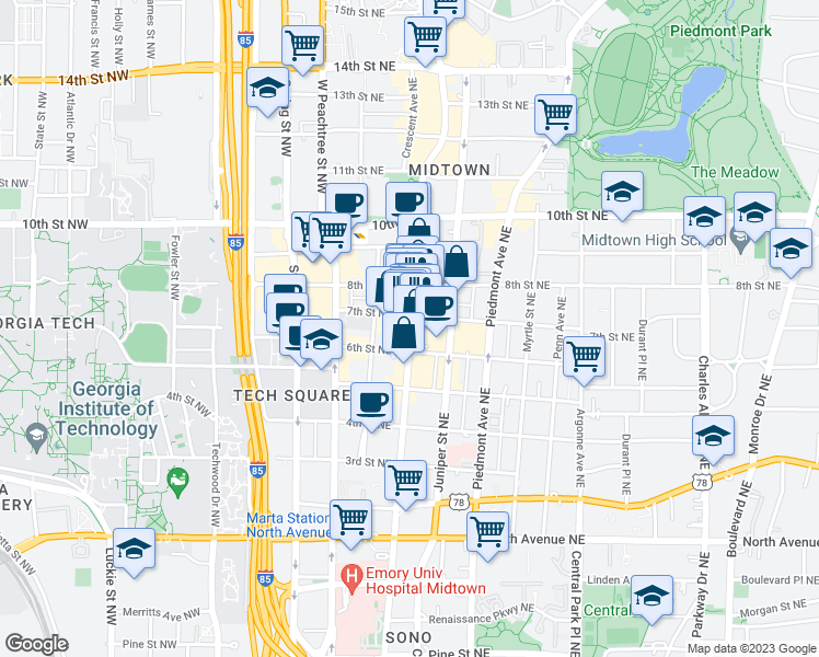 map of restaurants, bars, coffee shops, grocery stores, and more near 860 Peachtree St in Atlanta