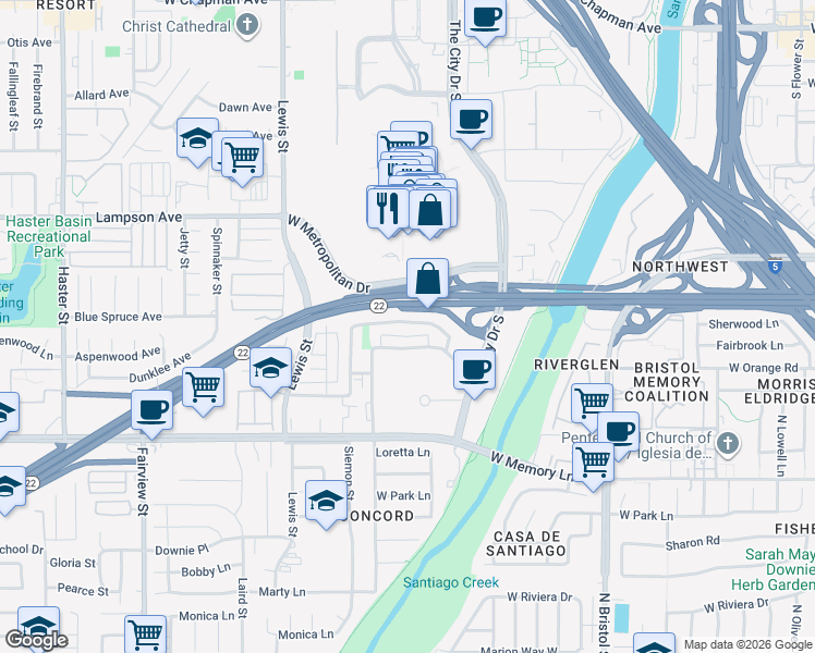 map of restaurants, bars, coffee shops, grocery stores, and more near 3621 West Park Balboa Avenue in Orange