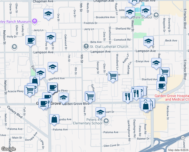 map of restaurants, bars, coffee shops, grocery stores, and more near 12701 George Street in Garden Grove