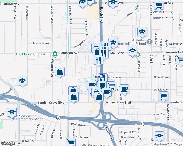 map of restaurants, bars, coffee shops, grocery stores, and more near 231 Lantana Drive in Stanton