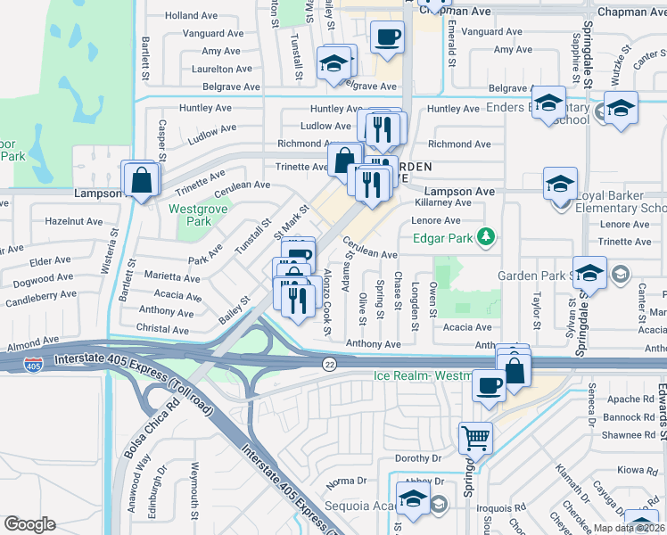 map of restaurants, bars, coffee shops, grocery stores, and more near 12702 Alonzo Cook Street in Garden Grove