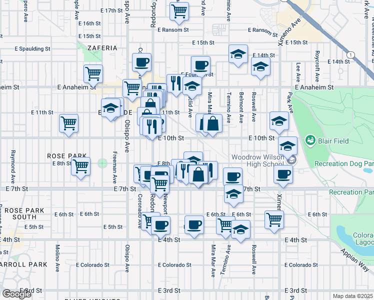 map of restaurants, bars, coffee shops, grocery stores, and more near 924 Euclid Avenue in Long Beach