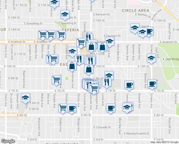 map of restaurants, bars, coffee shops, grocery stores, and more near 924 Redondo Avenue in Long Beach