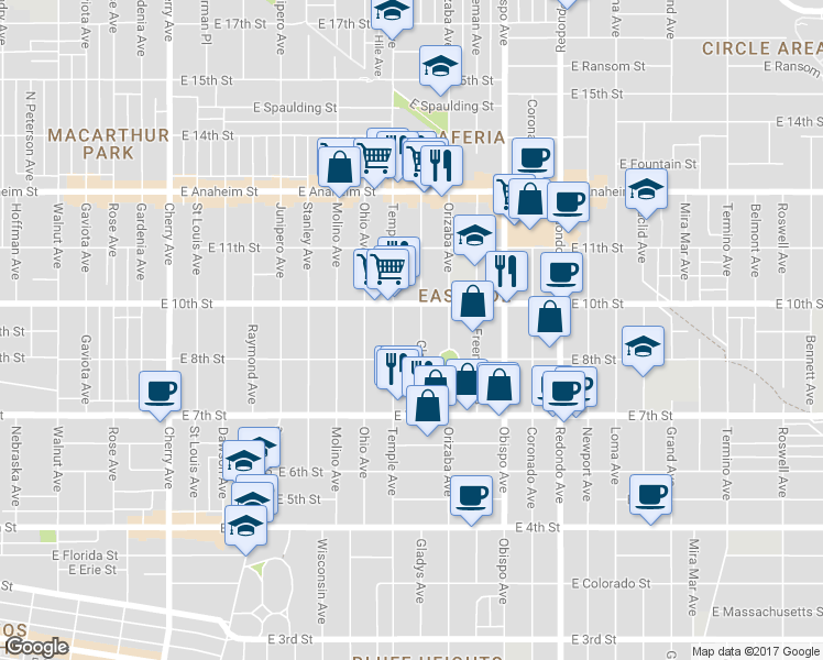 map of restaurants, bars, coffee shops, grocery stores, and more near 925 Gladys Avenue in Long Beach