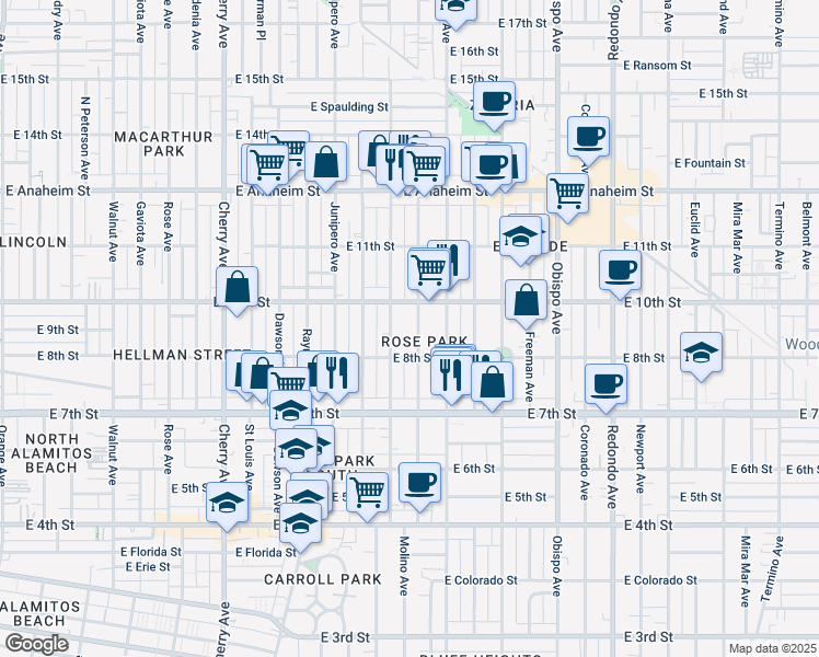 map of restaurants, bars, coffee shops, grocery stores, and more near 922 Molino Avenue in Long Beach