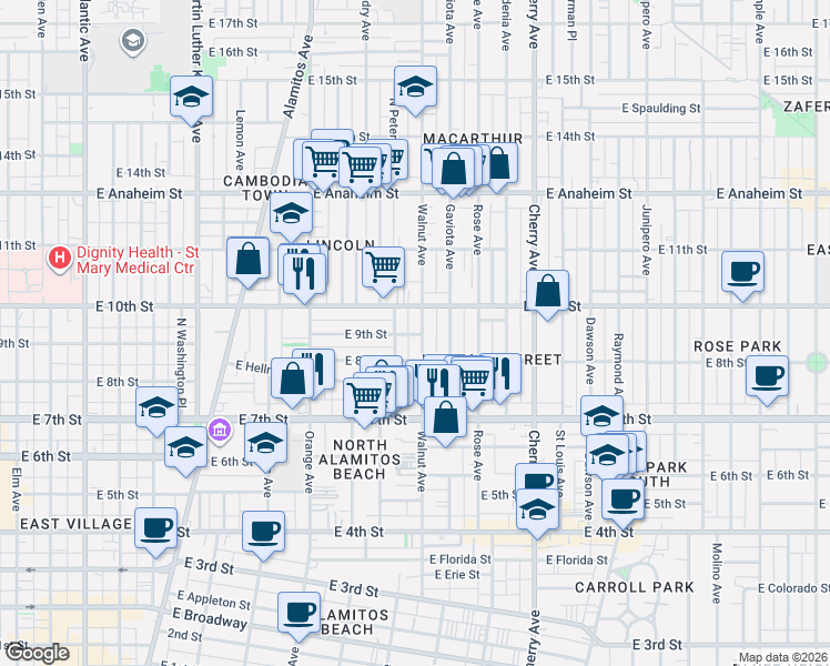 map of restaurants, bars, coffee shops, grocery stores, and more near 918 Hoffman Avenue in Long Beach