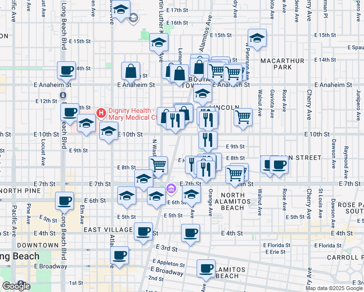 map of restaurants, bars, coffee shops, grocery stores, and more near 928 Alamitos Avenue in Long Beach