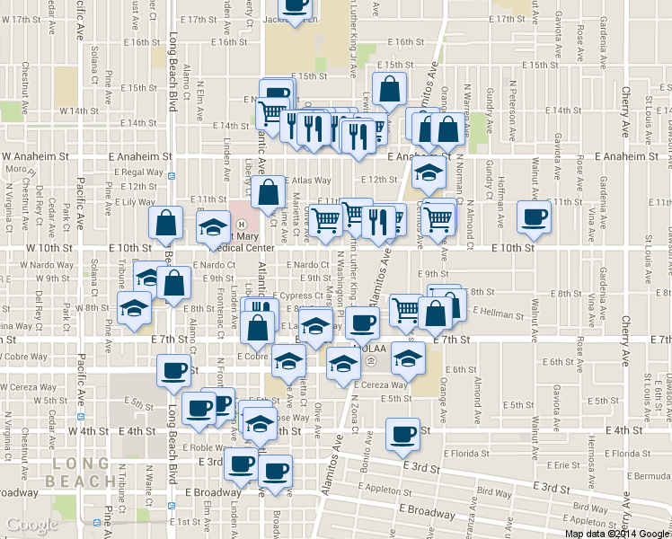 map of restaurants, bars, coffee shops, grocery stores, and more near 940 Olive Avenue in Long Beach