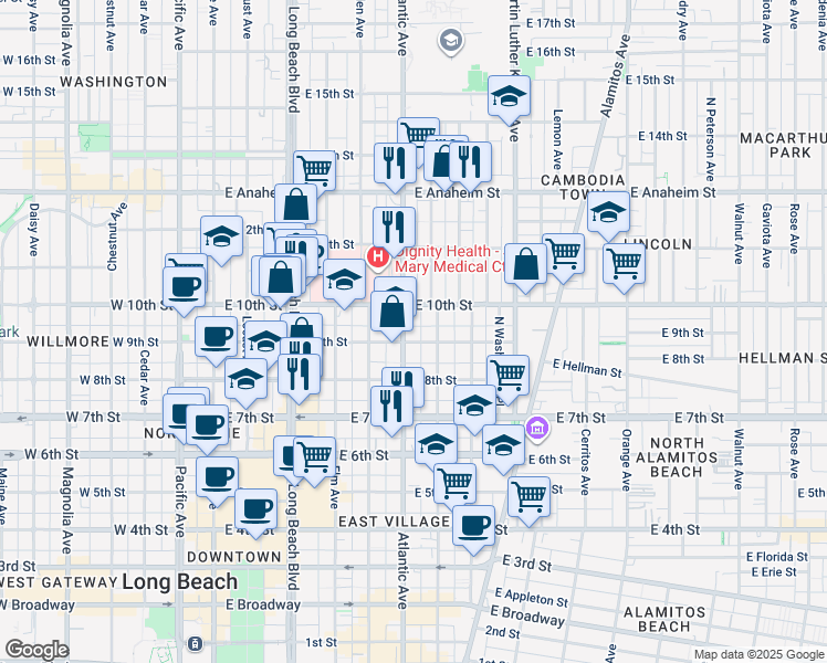 map of restaurants, bars, coffee shops, grocery stores, and more near 904 Atlantic Avenue in Long Beach