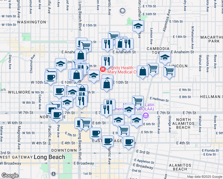 map of restaurants, bars, coffee shops, grocery stores, and more near in Long Beach