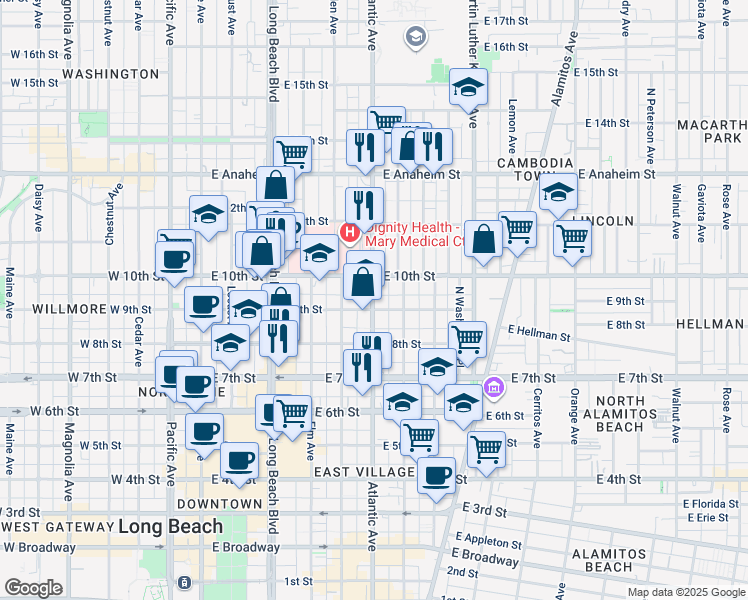 map of restaurants, bars, coffee shops, grocery stores, and more near in Long Beach
