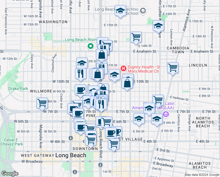 map of restaurants, bars, coffee shops, grocery stores, and more near 935 Elm Avenue in Long Beach