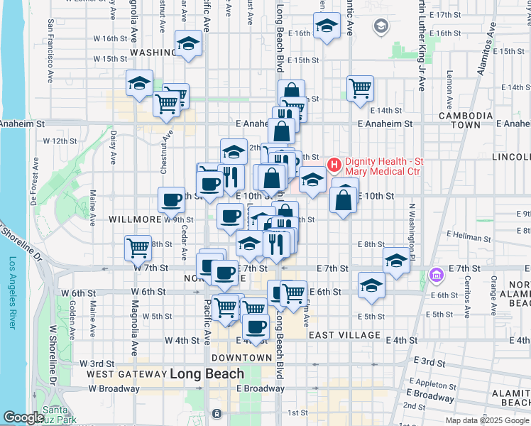 map of restaurants, bars, coffee shops, grocery stores, and more near in Long Beach