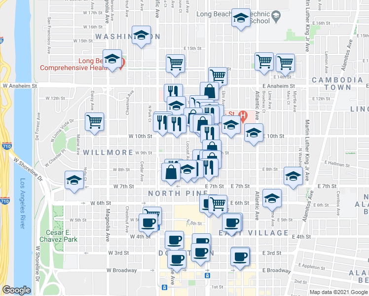 map of restaurants, bars, coffee shops, grocery stores, and more near 945 Locust Avenue in Long Beach