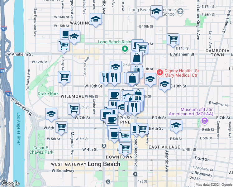 map of restaurants, bars, coffee shops, grocery stores, and more near 937 Pine Avenue in Long Beach