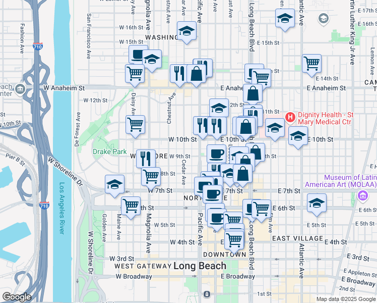 map of restaurants, bars, coffee shops, grocery stores, and more near 939 Pacific Avenue in Long Beach