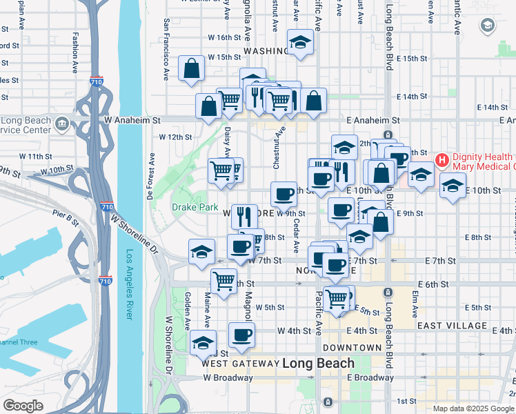 map of restaurants, bars, coffee shops, grocery stores, and more near 927 Chestnut Avenue in Long Beach