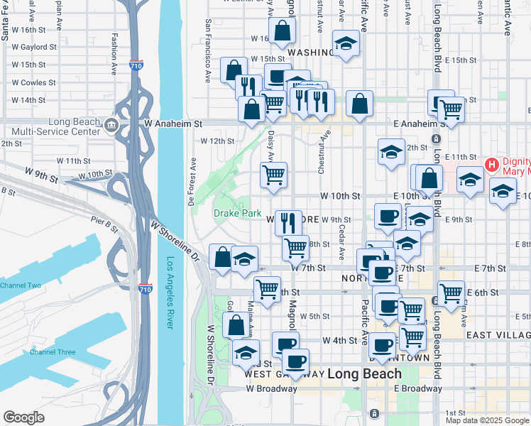 map of restaurants, bars, coffee shops, grocery stores, and more near 5 Nylic Court in Long Beach