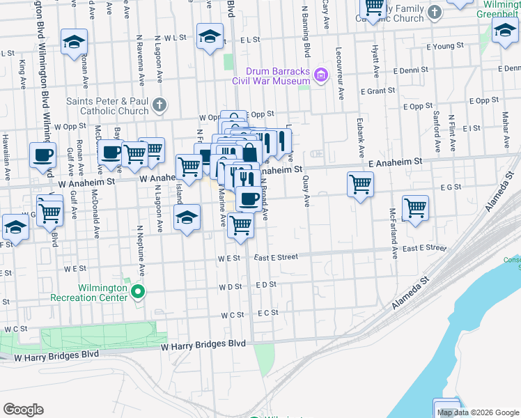map of restaurants, bars, coffee shops, grocery stores, and more near 633 Broad Avenue in Wilmington