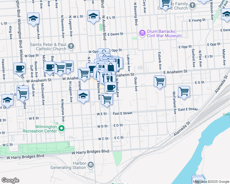map of restaurants, bars, coffee shops, grocery stores, and more near 120 East G Street in Los Angeles