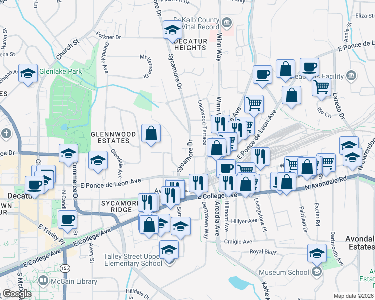map of restaurants, bars, coffee shops, grocery stores, and more near 428 Sycamore Drive in Decatur