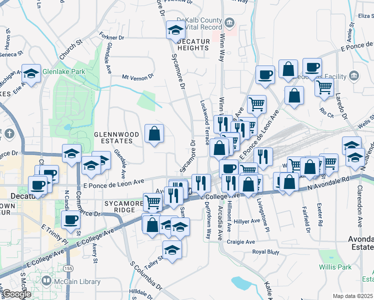 map of restaurants, bars, coffee shops, grocery stores, and more near 428 Sycamore Drive in Decatur