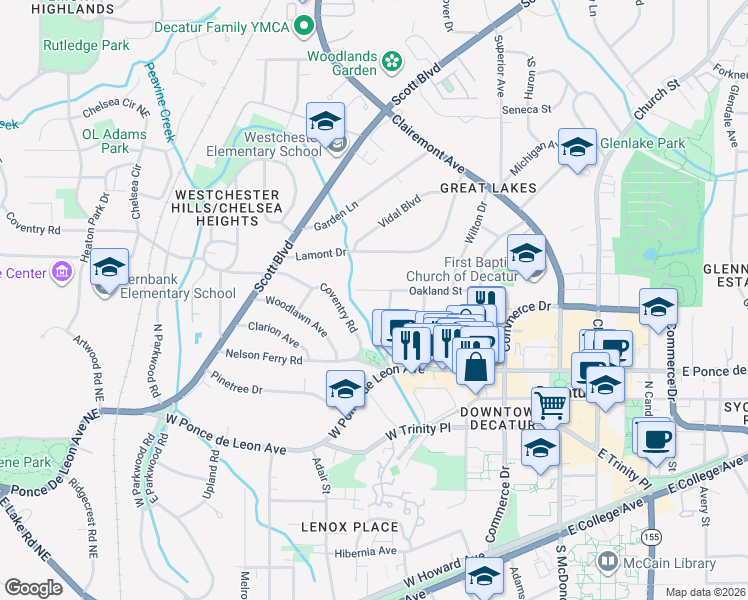 map of restaurants, bars, coffee shops, grocery stores, and more near 407 Oakland Street in Decatur
