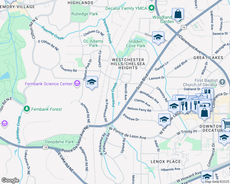 map of restaurants, bars, coffee shops, grocery stores, and more near 510 Coventry Road in Decatur