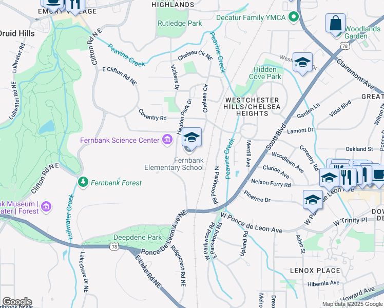 map of restaurants, bars, coffee shops, grocery stores, and more near 157 Heaton Park Dr NE in Decatur