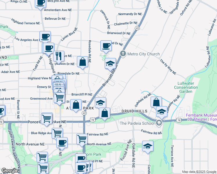map of restaurants, bars, coffee shops, grocery stores, and more near 1222 Virginia Court in Atlanta