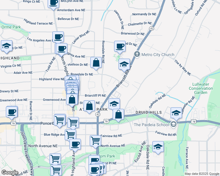 map of restaurants, bars, coffee shops, grocery stores, and more near 856 Briarcliff Road Northeast in Atlanta