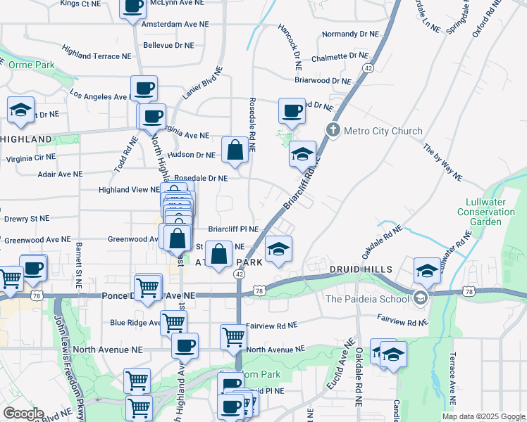 map of restaurants, bars, coffee shops, grocery stores, and more near 879 Rosedale Road Northeast in Atlanta