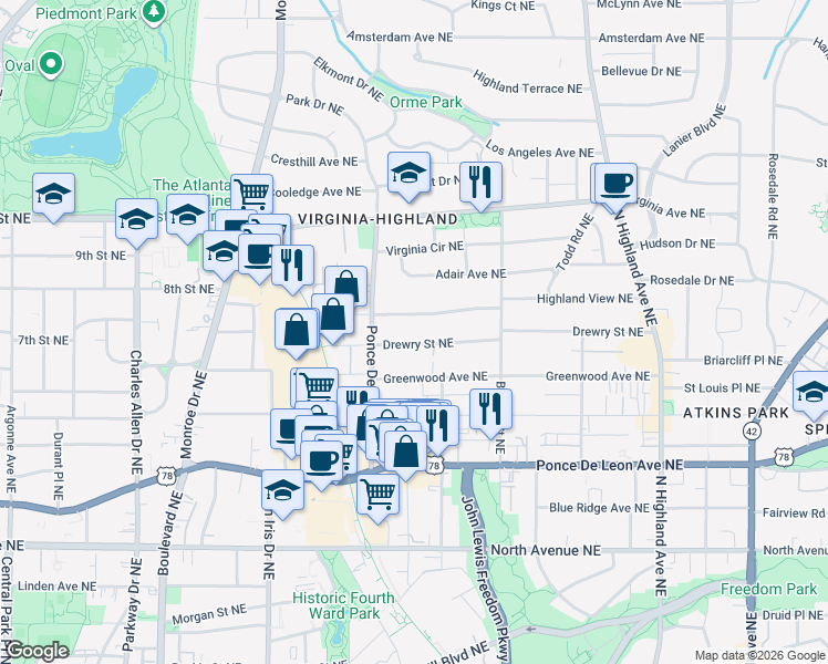 map of restaurants, bars, coffee shops, grocery stores, and more near 770 Drewry Street Northeast in Atlanta