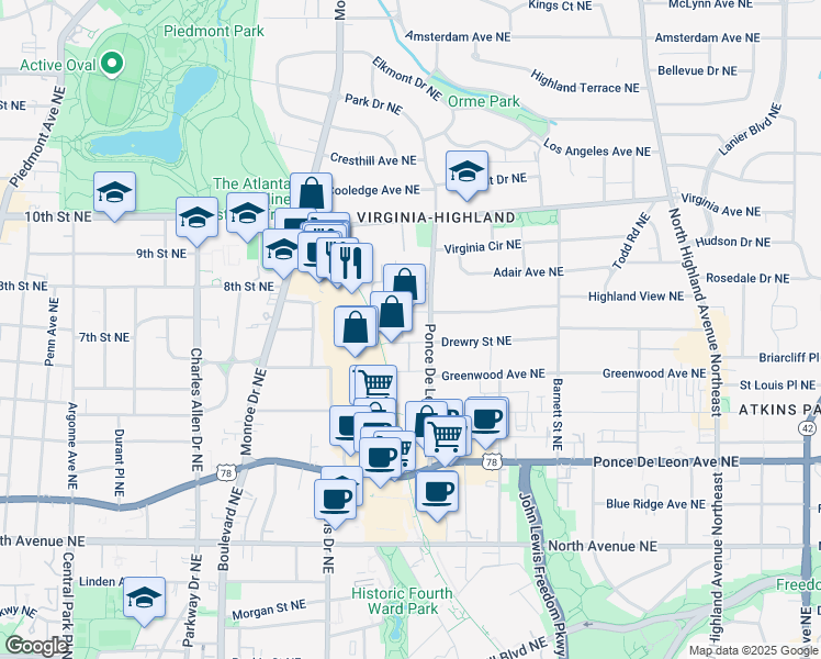 map of restaurants, bars, coffee shops, grocery stores, and more near 692 Drewry Street Northeast in Atlanta